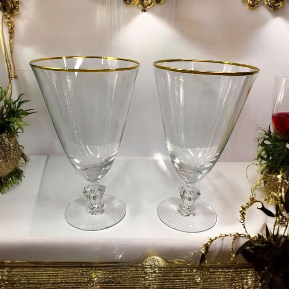 Tiffin Franciscan Mansfield Gold Trimmed Goblet Crystal Glass Gold MCM Set Of 2 - Picture 1 of 10